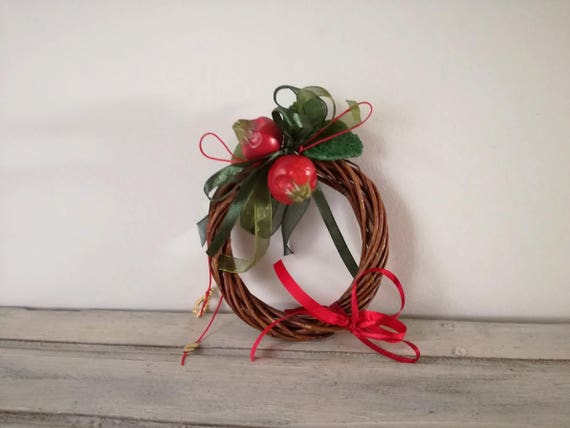 Ceramic pomegranates wreath, small pomegranates wreath of red pomegranates, wicker, ribbons and strings, mini pomegranates wreath