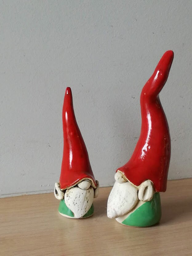 Christmas gnomes set, ceramic gnomes family, two Santas clay gnome
