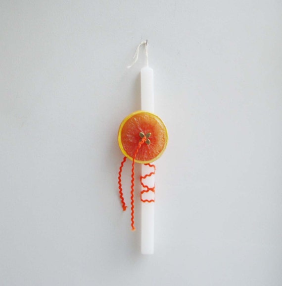 Greek Easter candle with orange slice, white, square candle with plastic orange slice and orange, chevron ribbon, Easter candle for girls