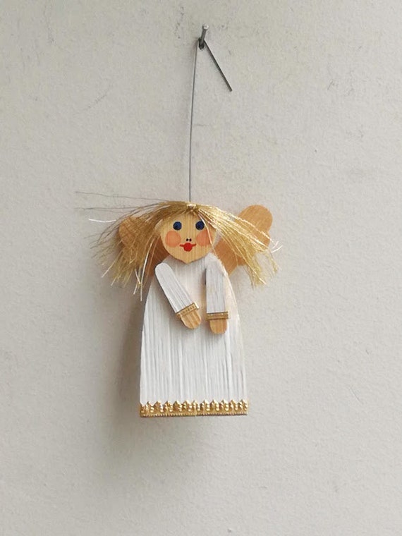 Vintage smiling angel, chubby, vintage wooden angel in white and gold, wooden angel with white robe and gold hair, angel Christmas ornament