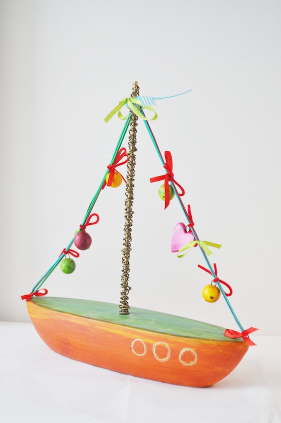 Colourful ceramic sailboat, earthenware, sailboat with ceramic vessel, wire mast and cord sails, nursery decor boat, colorful sailboat