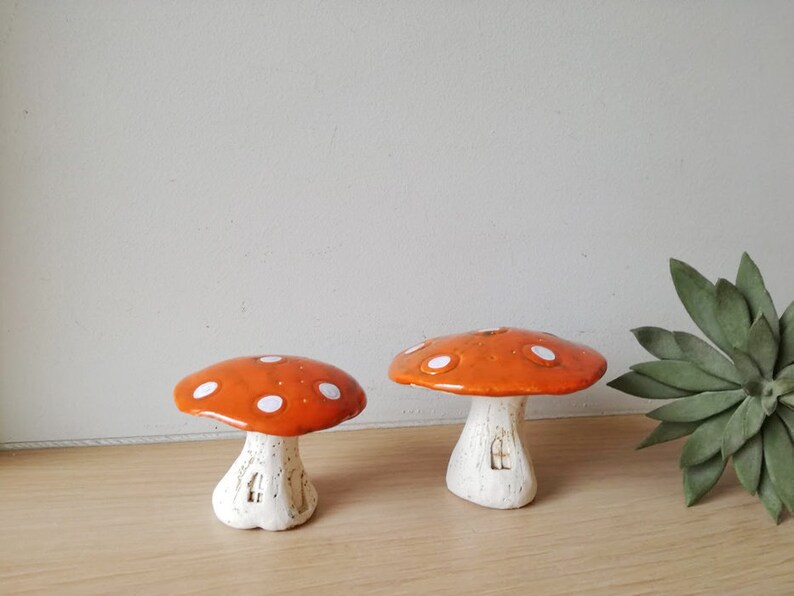 Ceramic mushroom, orange white toadstool mushroom, rustic toadstool mushroom, life size decorative mushroom, mushroom art object image 2