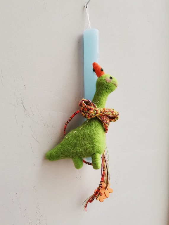 Dinosaur Easter candle, short Easter candle with dinosaur, blue Easter candle for boys and kids with funny, dino doll and ribbons