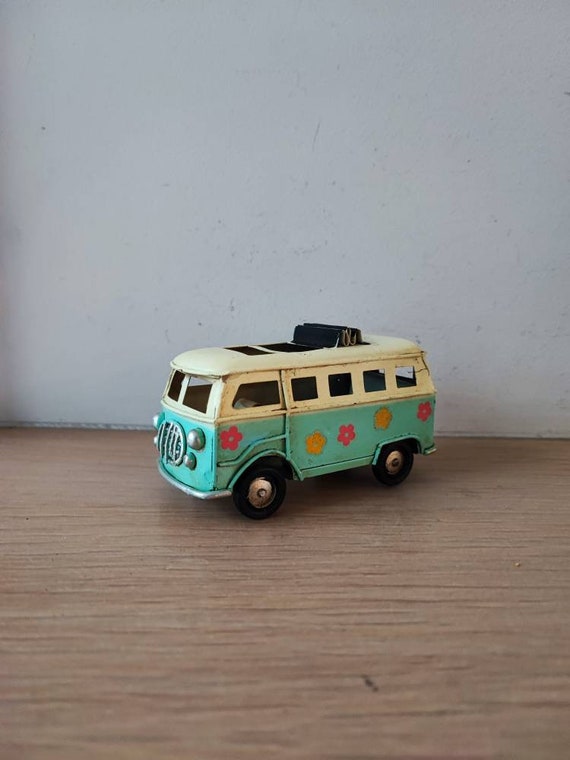 Blue hippie van, tiny cream and turquoise, vintage hippie van with flowers decor with open roof, blue white hippie van,  retro mini VW