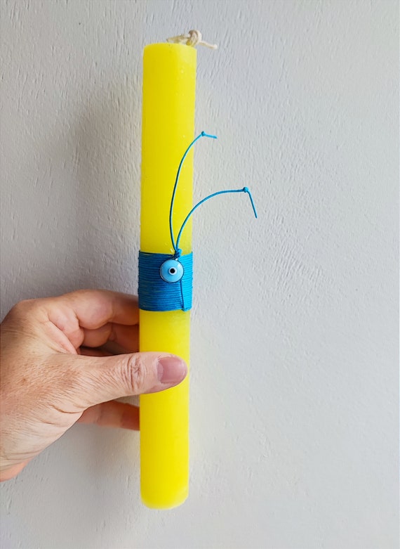 Greek Easter candle for grownups, yellow candle with eye charm, short Easter candle with blue cord and eye charm