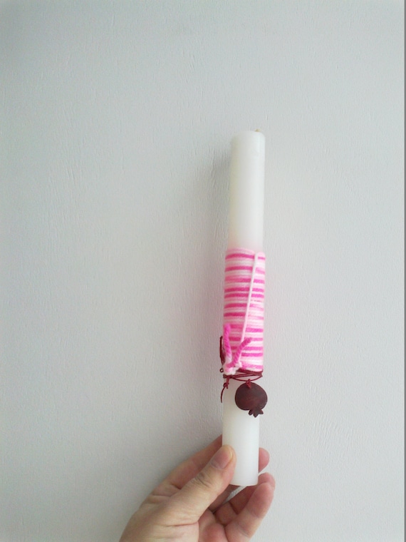 Short Easter candle with ceramic pendant, teens Greek Easter candle with ceramic pendant and pink, ombre' yarn, girls Easter candle