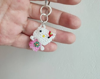 Kitty key ring, tiny beaded white kitty key chain charm,  brickstich kitty figurine key ring for girls