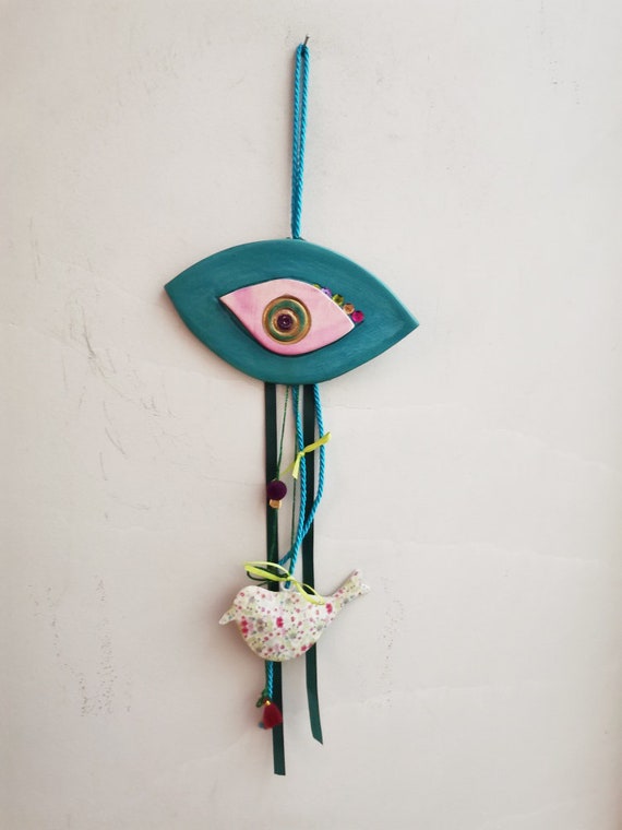 Ceramic blue eye, eye wall hanging in blue and pink with bird figure, ribbons and beads, good luck charm eye, housewarming gift