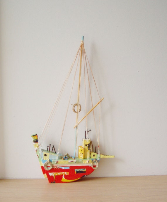 Red sailboat sculpture, Greek wooden sailboat, wall folk art sculpture, one of a kind, made to order colourful, Greek sailboat art object