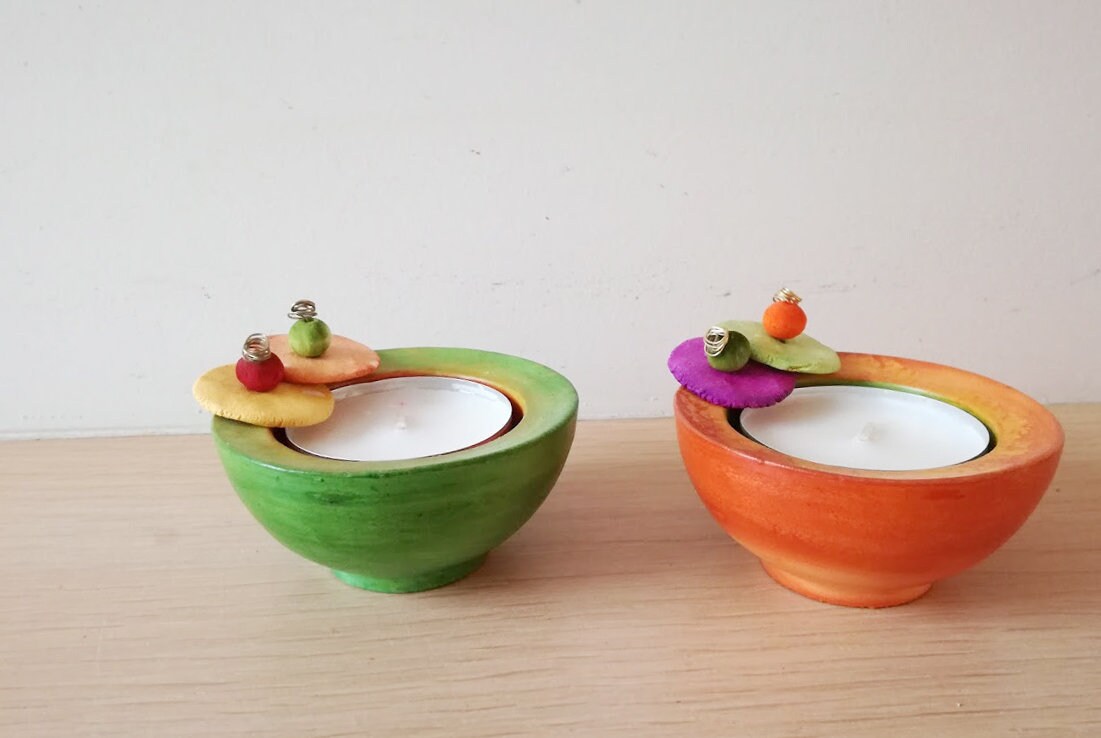 Green orange tea light holders earthenware clay handmade Etsy