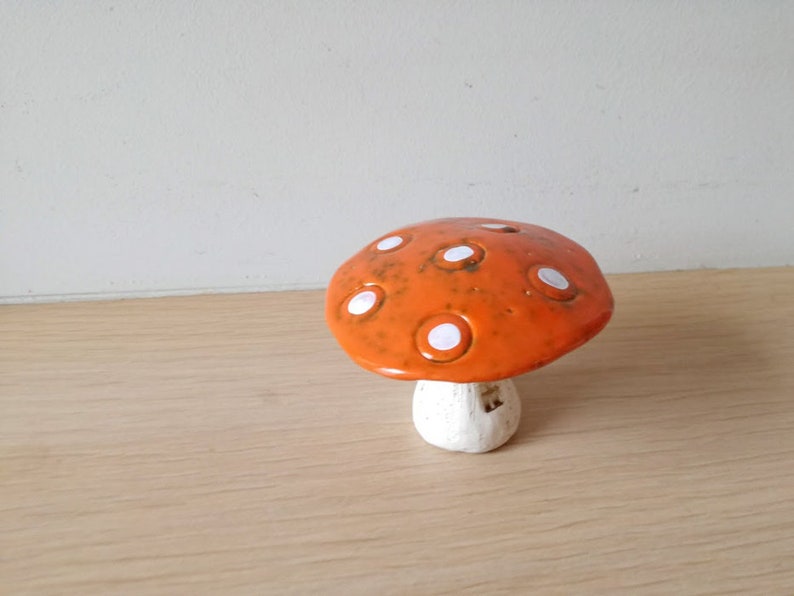 Ceramic mushroom, orange white toadstool mushroom, rustic toadstool mushroom, life size decorative mushroom, mushroom art object image 7