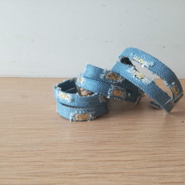 Double denim cuff with sequins, faded blue denim gold sequins bracelet, wide blue jean cuff with faded pockets and gold sequins, boho cuff