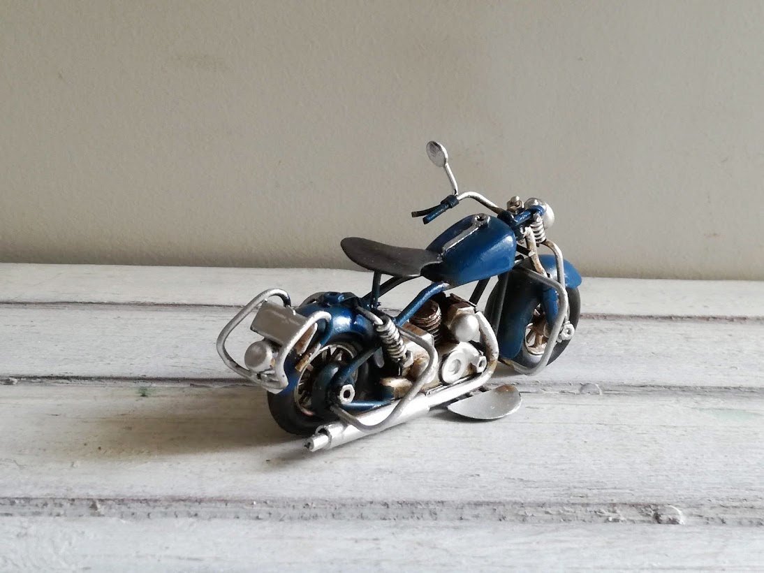 Miniatura de moto azul real, vintage, miniatura de metal, moto tipo Harley,  decoración en mal estado, miniatura Harley de hojalata, bicicleta  coleccionable retro -  México