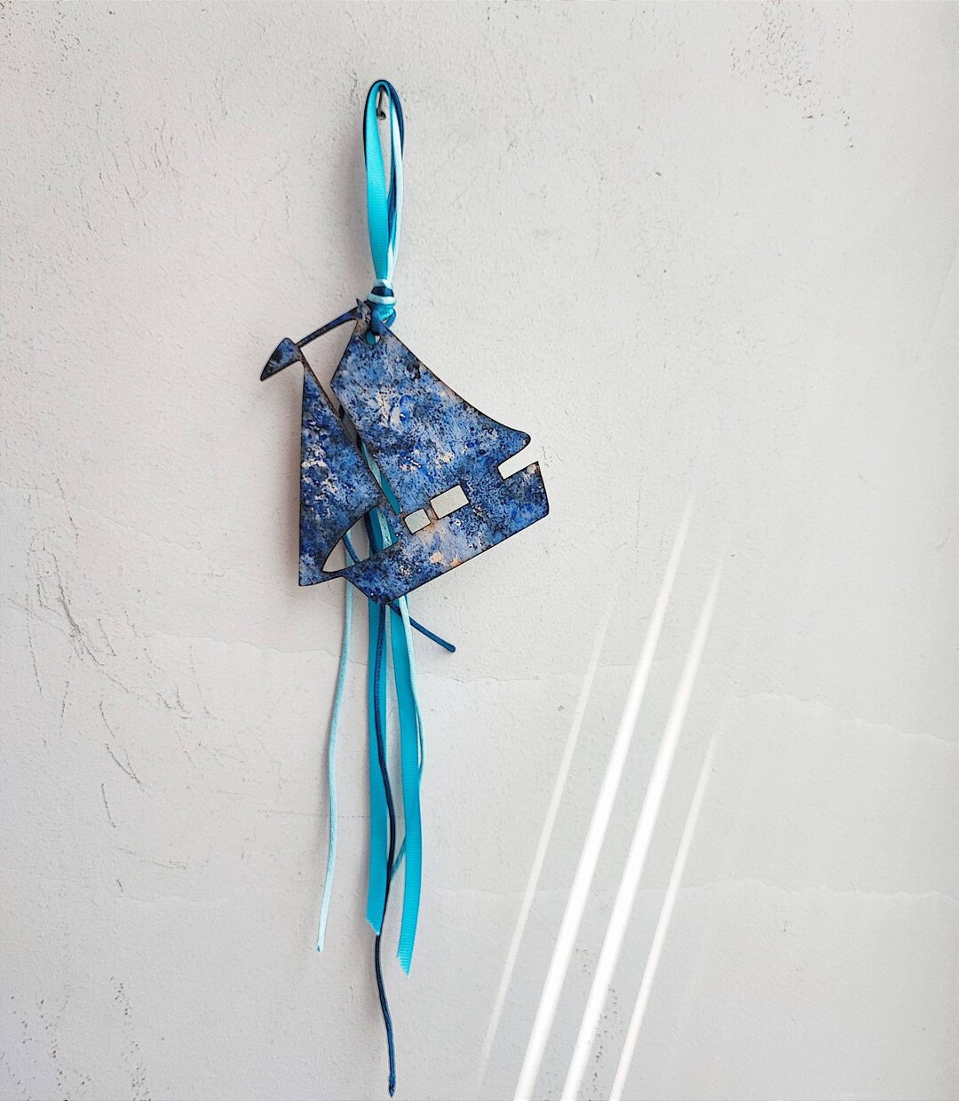 Wooden Boat Ornament, Boat Cutout With Blue White Colours, Boat