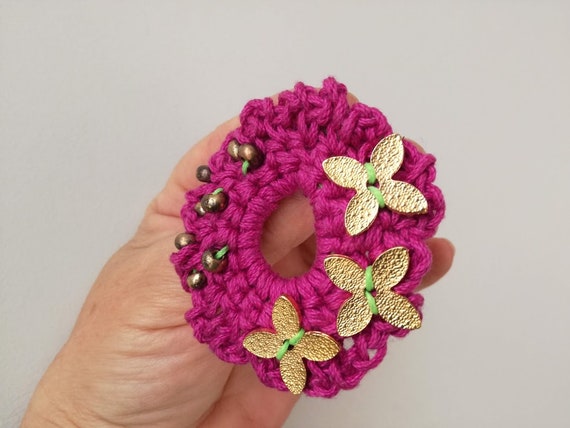 Pink flower brooch, magenta pink crochet brooch, crochet flower brooch with gold flower beads, boho hippie accent jewelry brooch