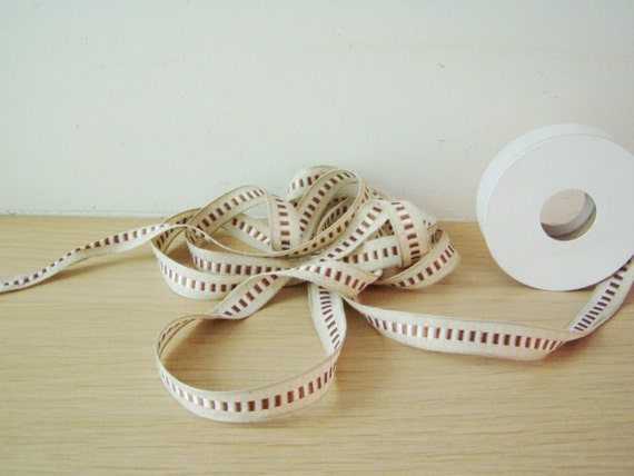 Mocha cotton ribbon with striped centre, beige ribbon with cream brown stripes, craft making and gift wrapping ribbon, 10 metres/10.95 yards