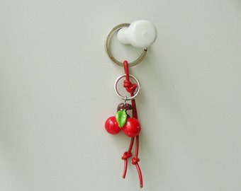 Cherries keychain, plastic, red cherries bead on red leather, summer keyring, red and green keychain for girls and women