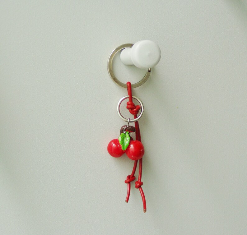 plastic red and green keychain for girls and women red cherries bead on red leather Cherries keychain summer keyring