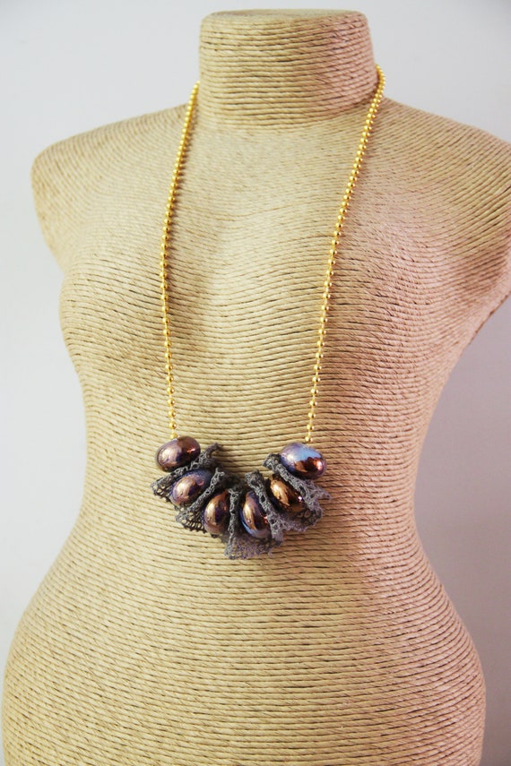 Purple beads necklace, coppery gold purple beads necklace, ceramic beads, boho necklace with grey lace, accent jewelry necklace