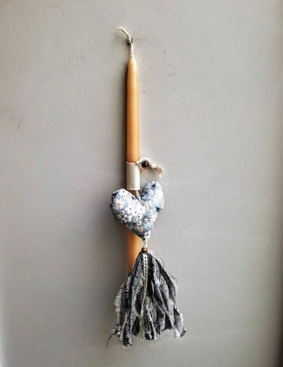 Greek Easter candle with grey heart plush, beige Easter candle for girls with grey print plushie and tassel, romantic, Easter candle