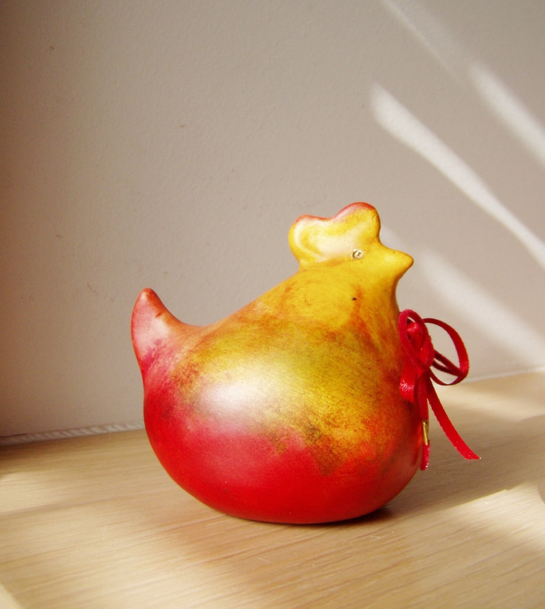 Easter hen in red yellow, ceramic chicken Easter decor image 3