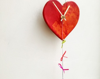 Red heart clock, ceramic heart clock of earthenware clay, Valentine's clock, lovers clock, kardiologist's clock, Valentine's red heart gift