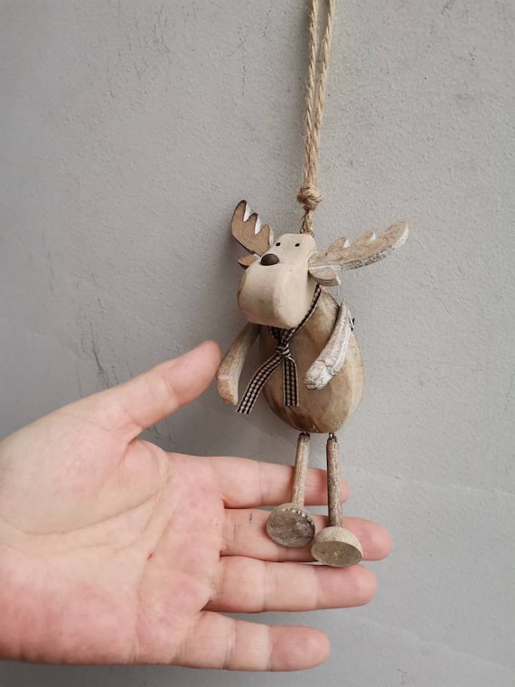 Rustic reindeer wooden ornament, natural wood Christmas tree ornament of reindeer with movable legs and beige scarf
