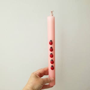 Ladybugs Easter candle for girls and women, pink, Greek Easter candle with glued on ladybugs, Greek Easter gift, teens Greek lambada