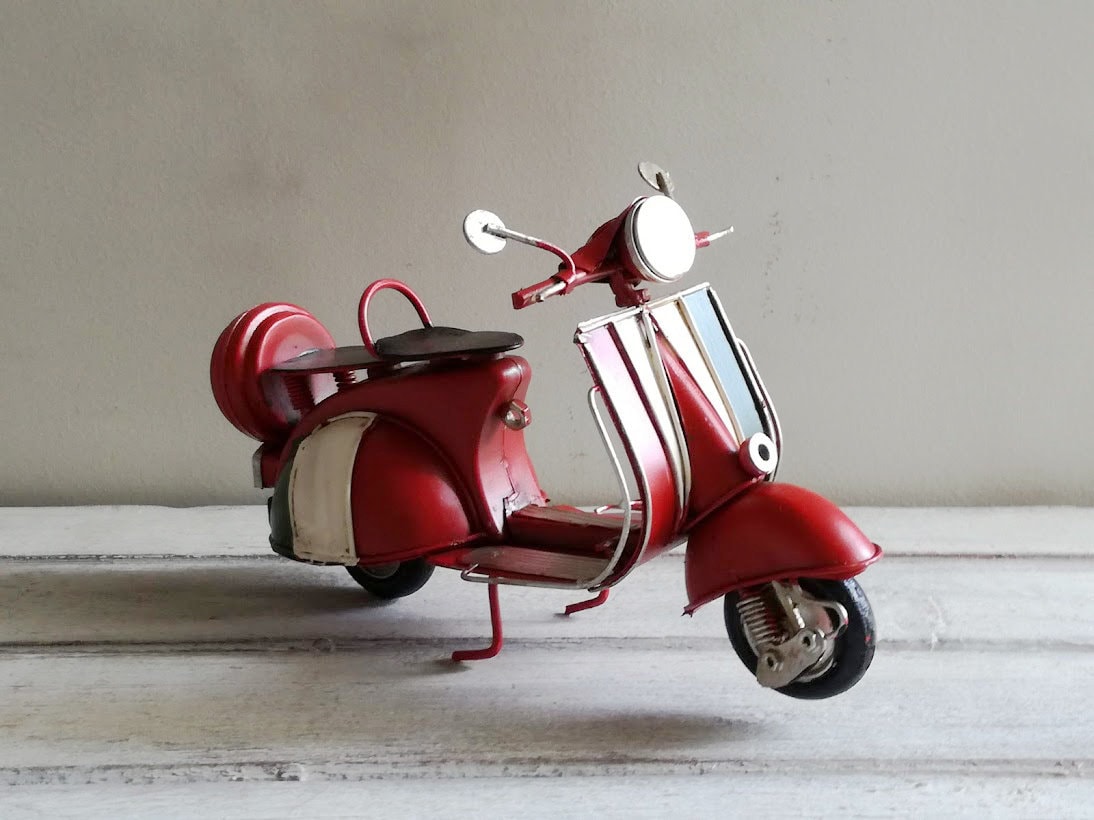 Red scooter miniature, vintage collectible, retro miniature, tin and  rubber, red scooter with Italian flag colours, Italian style scooter