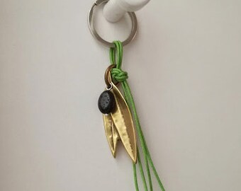 Olive branch key chain, brass olive branch with lava stone olive and green cord on an alloy keyring, olive key ring, unisex accessory