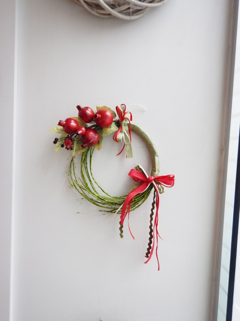 Pomegranate Xmas wreath of red pomegranates, polyester, small pomegranates on green vine wreath with red green ribbons, Xmas decor wreath image 5