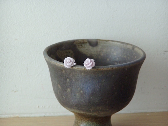 Lavender silver studs, rose shaped, silver studs in pale lavender, pastel lilac rose studs, pale mauve boho, rose stud earrings