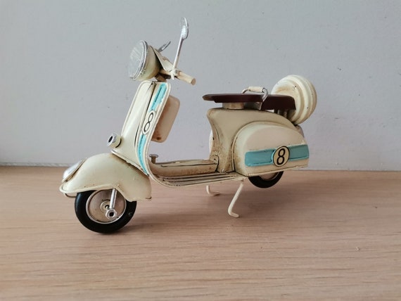 White scooter miniature, metal scooter replica in white, retro collectible bike, Italian style mini scooter