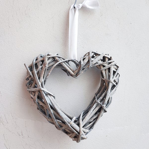 Wicker heart wreath, heart shaped, wicker wreath in light grey, for door or wall, wreath supplies