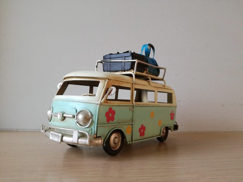 Retro van miniature, hippie van in minty blue and creamy white with