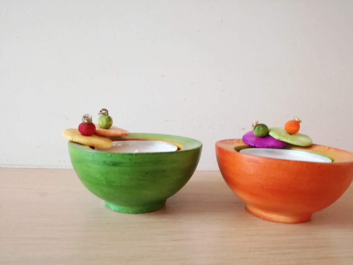 Green Orange Tea Light Holders Earthenware Clay Handmade Etsy