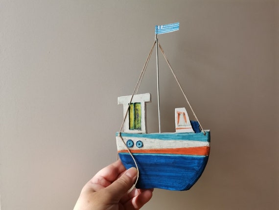 Blue fishing boat, wall decor ceramic boat, Greek fishing boat with blue white flag, fishing boat wall hanging, blue rustic boat