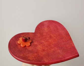 Red heart ceramic platter, earthernware ceramic plate with wire and beads decor, handpainted, boho, rustic heart plate, Valentine's gift