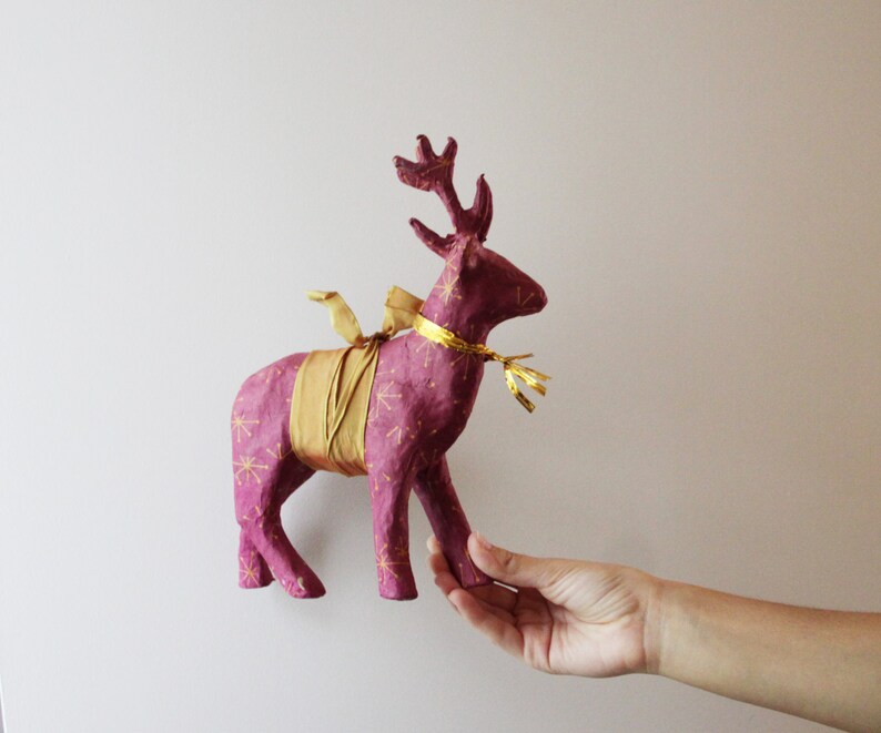 Vintage Reindeer Burgundy Christmas Paper Mache Reindeer Etsy