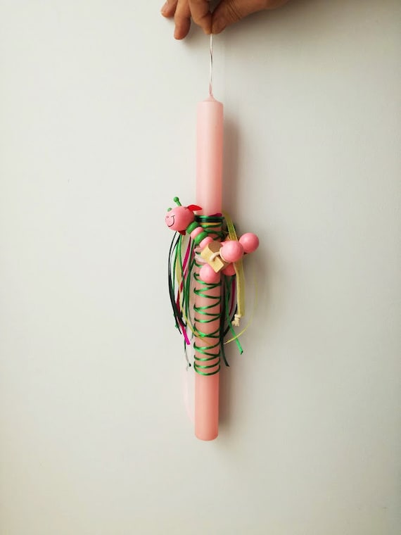 Pull toy Easter candle, wooden pull along toy on Greek Easter candle for baby girls, pink candle with toy and ribbons, kids Greek lambada