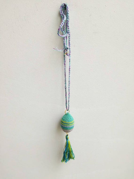 Green egg necklace, crochet egg, multicolour necklace with blue cord and green tassel, green egg pendant, bohemian egg and tassel pendant