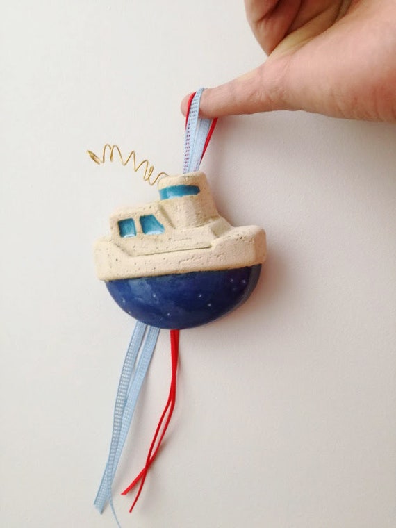 Blue ship wall hanging, ceramic blue and white ship for the wall, rustic boho ship, handbuilt ship wall hanging with curly wire smoke