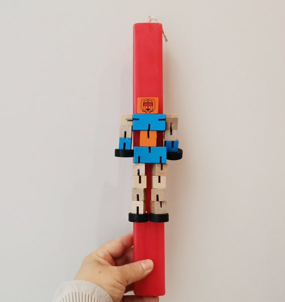 Robot Easter candle, wooden robot toy on red, Easter candle, Greek Easter candle for children, movable parts robot candle for kids