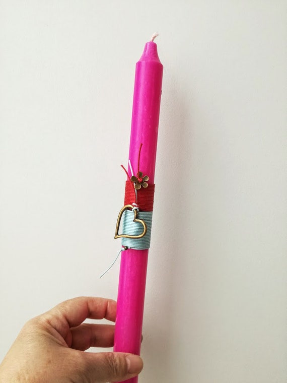 Pink Easter candle with brass heart charm, magenta pink candle with brass heart and flower charm , girls' and women Easter candle