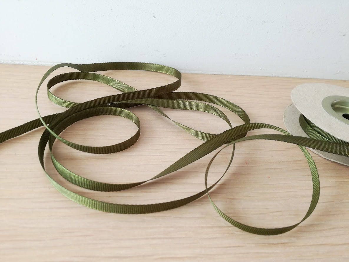 Green grosgrain ribbon, olive green ribbon, thin, dark olive green