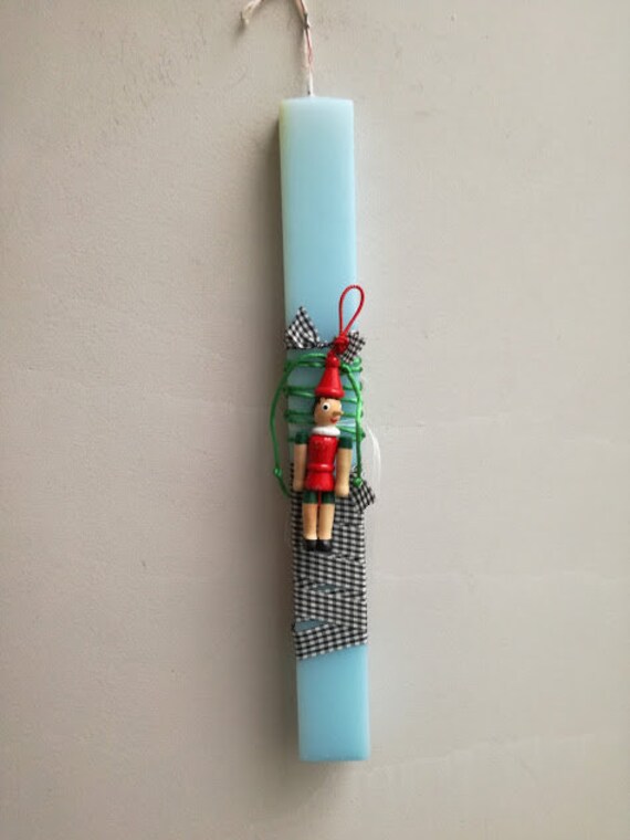 Pinocchio Easter candle, Pinocchio wooden puppet, blue Easter candle, Greek Easter candle for children with tiny Pinocchio marionette toy