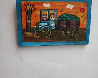 Watermelon truck painting, vintage Greek folk art, art brute on salvaged wood, watermelon truck country scene