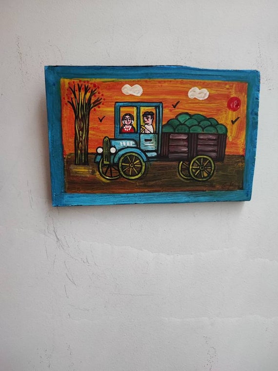 Watermelon truck painting, vintage Greek folk art, art brute on salvaged wood, watermelon truck country scene