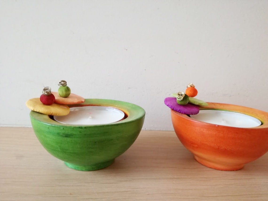 Green Orange Tea Light Holders Earthenware Clay Handmade Etsy