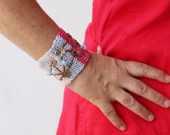 Embroidered crochet cuff, multicolor crochet cuff, crochet boho bracelet, gipsy, colourful cuff with brass flowers, pink blue grey cuff